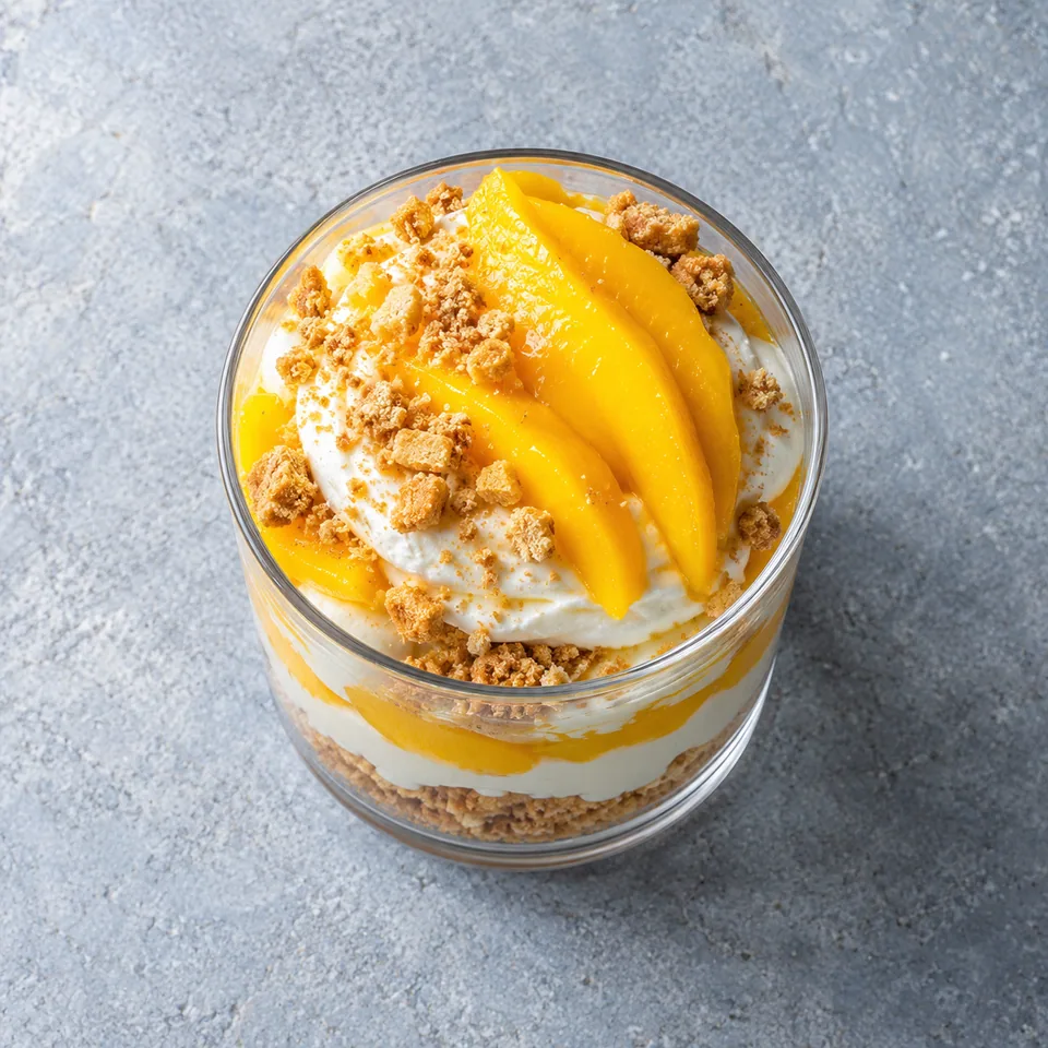 Verrine de mango float aux couches de biscuits, crème blanche et tranches de mangue jaune vif.