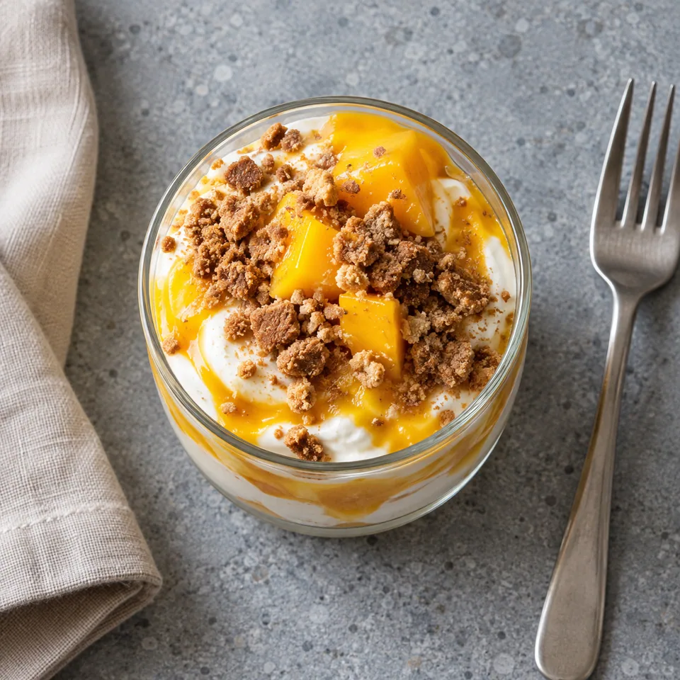 Mango fool à la mangue et skyr dans une verrine, avec des couches de crème blanche et de purée jaune marbrées, garnies de miettes de biscuits.