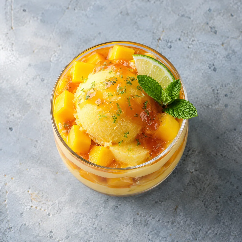 Mangonada en verrine : couches de sorbet de mangue, dés de mangue frais et sauce à l'abricot.