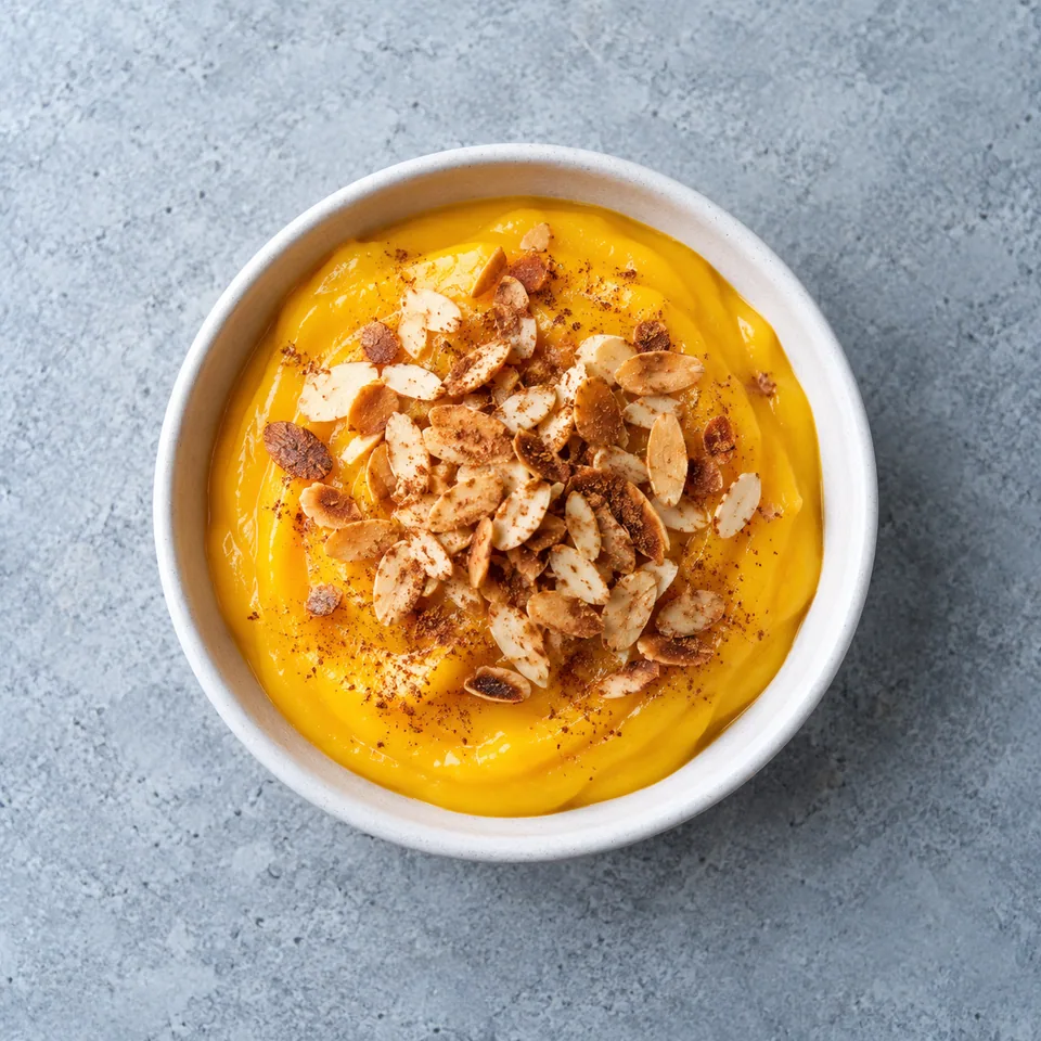 Mangue à l’amande parfumée : purée de mangue jaune dans un ramequin, garnie d'amandes effilées et de cannelle.