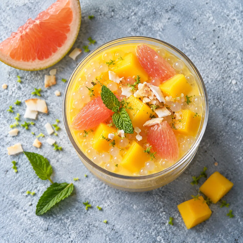 Verrine de mangue, pamplemousse et sagou : crème jaune, perles translucides et agrumes roses.