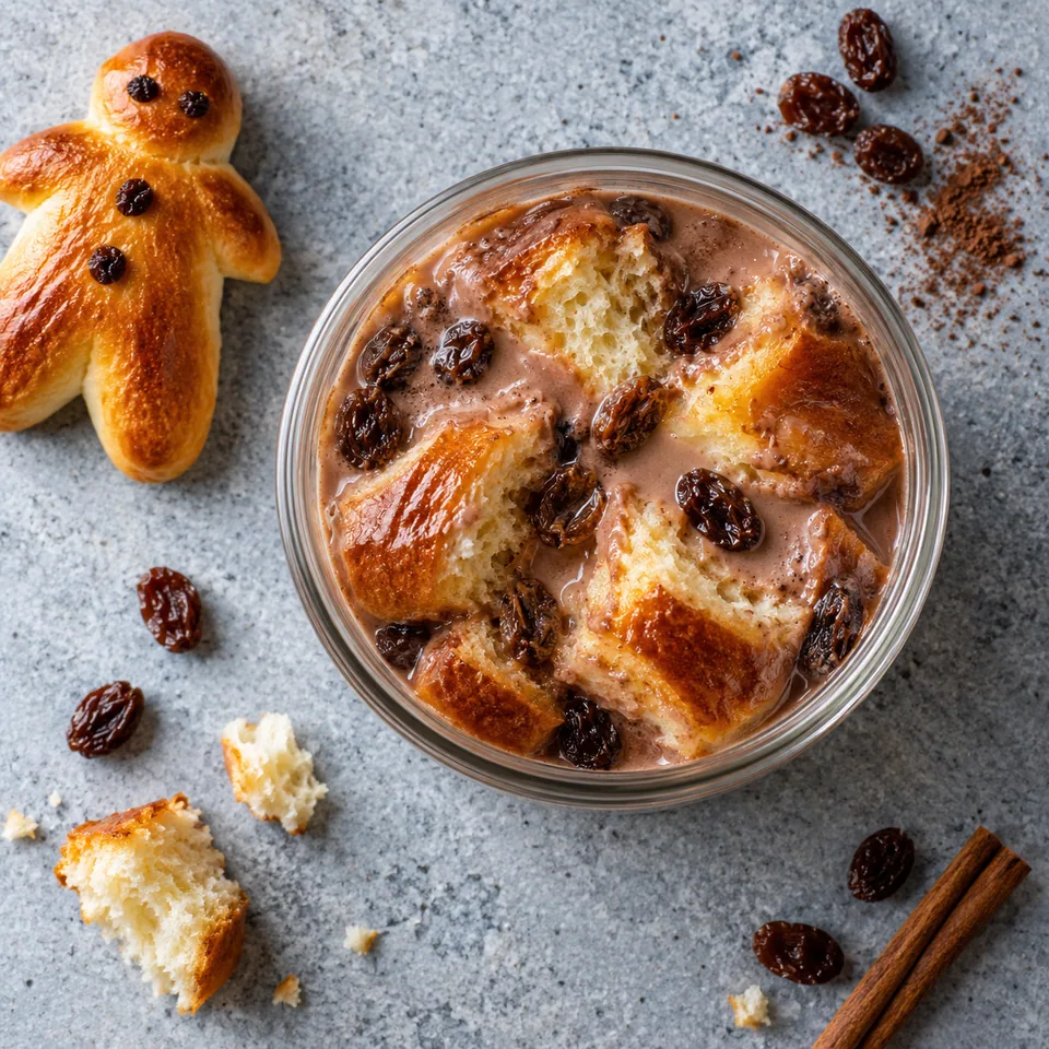 Mannele de Saint-Nicolas découpé dans une verrine, nappé de lait au cacao brillant avec des raisins secs.