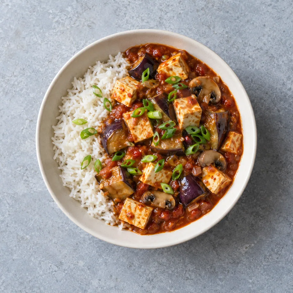 Mapo tofu doux aux champignons et aubergine, servi avec du riz blanc et parsemé d’oignon nouveau.