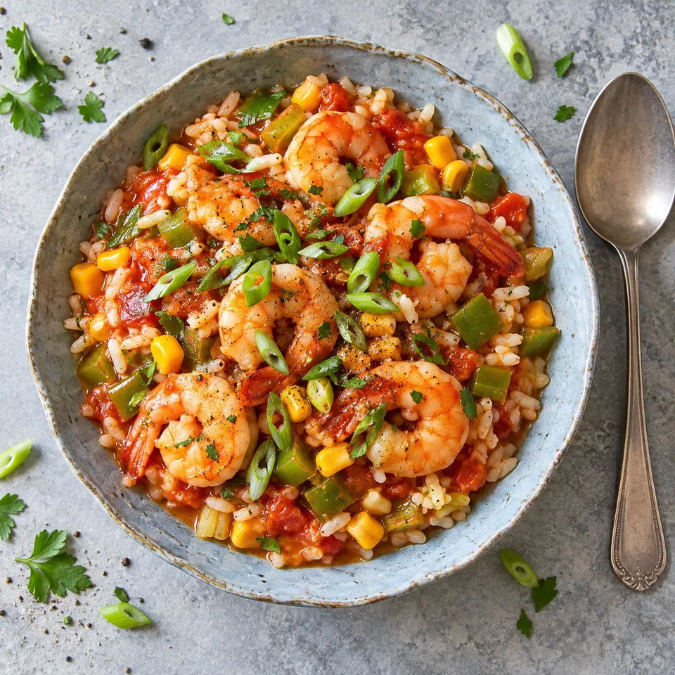 Bol de maque choux aux crevettes et riz : riz, crevettes roses, poivron vert, maïs et sauce tomate.