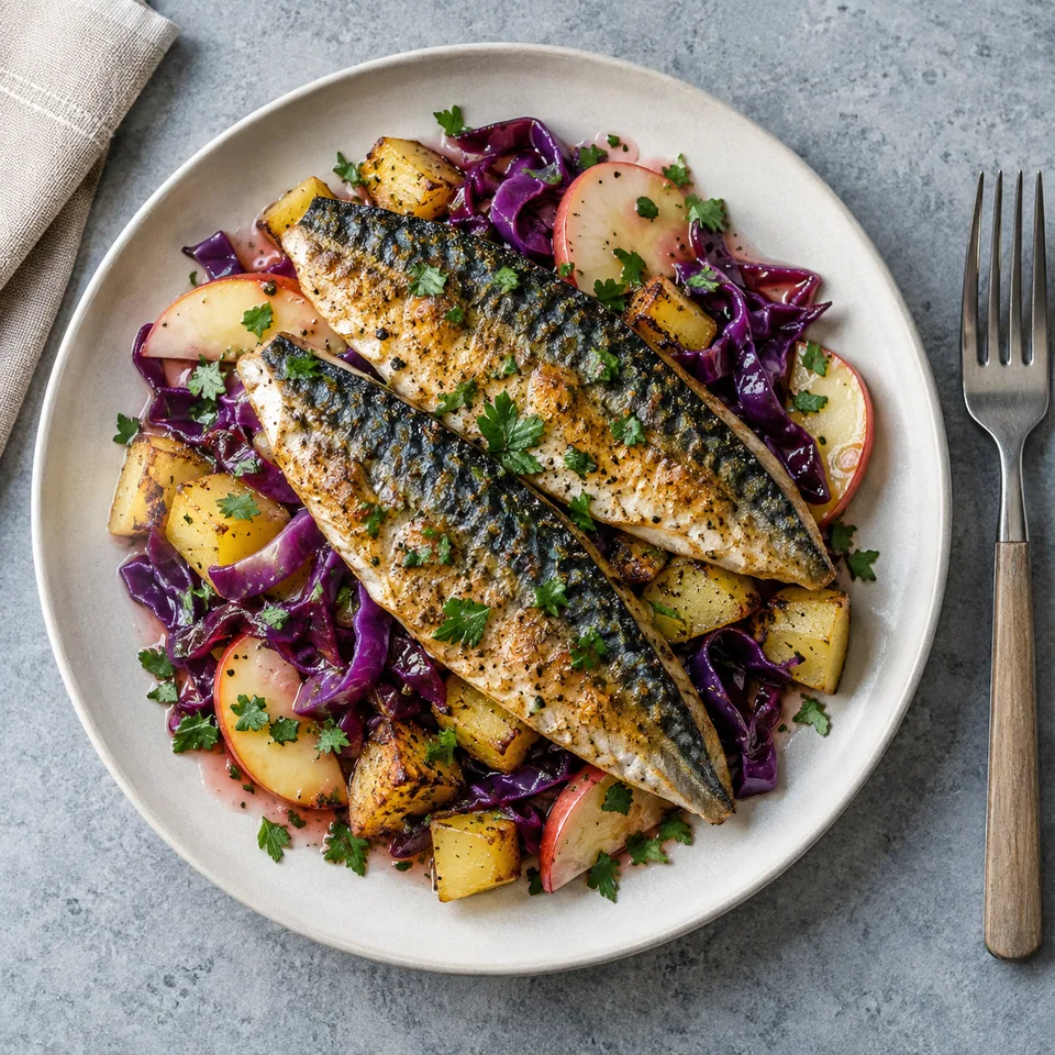 Maquereau grillé, chou rouge et pommes : filet doré sur pommes de terre et salade violette.