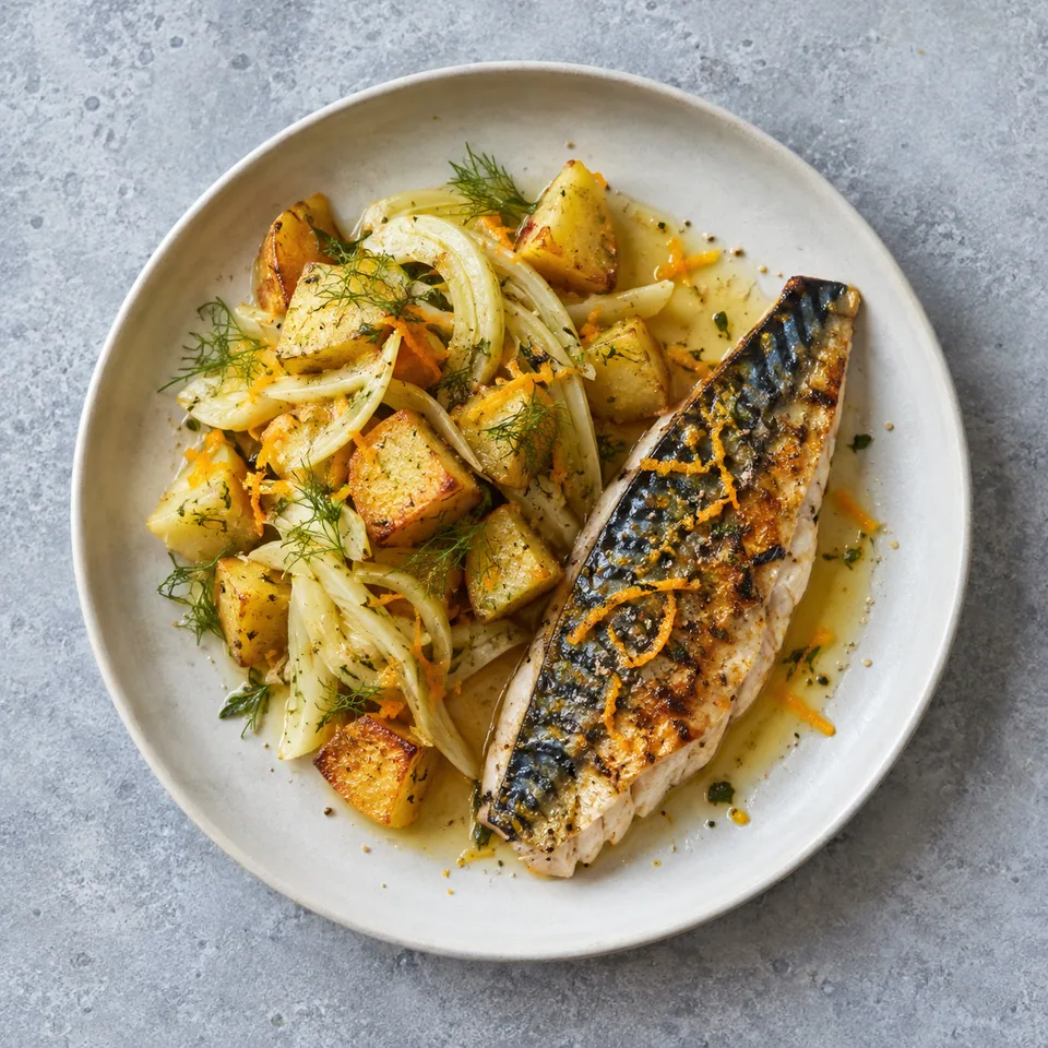 Maquereau grillé avec dés de pommes de terre et fenouil émincé, nappés d’orange, servi dans une assiette.