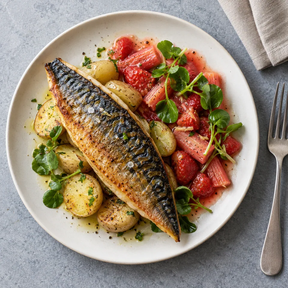 Maquereau poêlé, rhubarbe au gingembre : filet doré, pommes de terre et compotée de fruits rouges sur cresson.