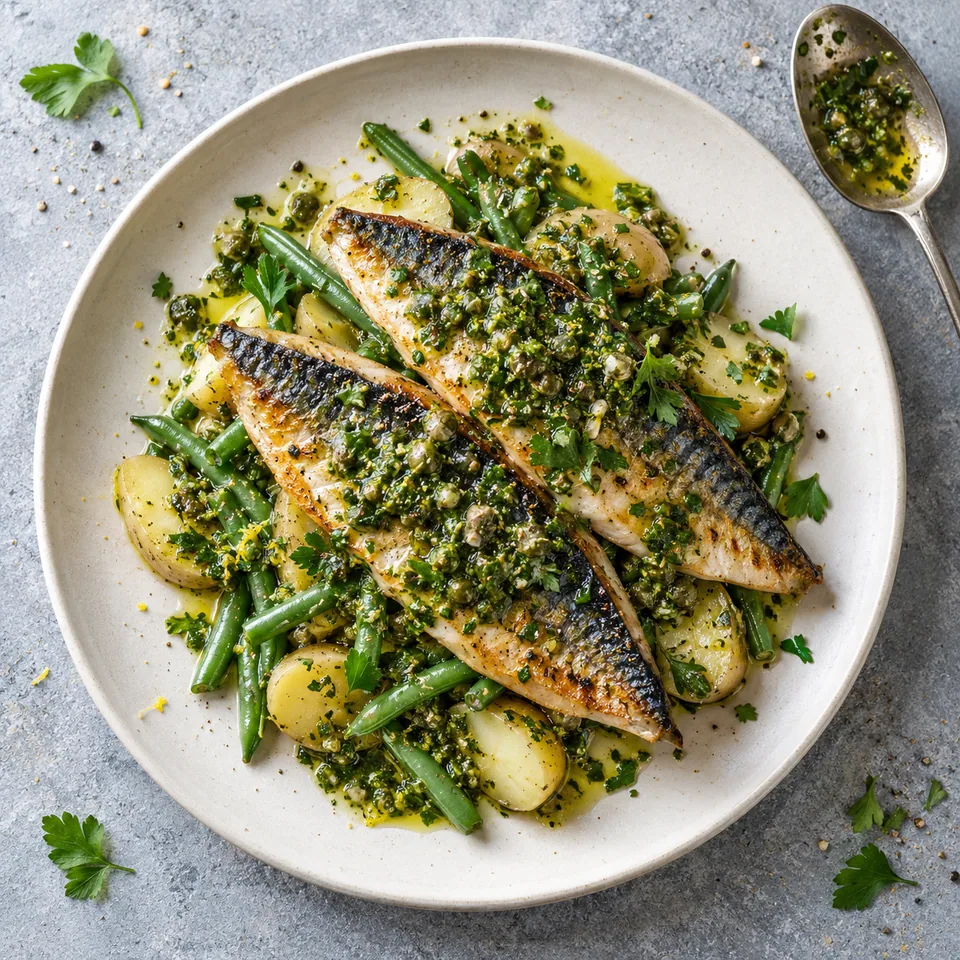 Maquereau rôti, pommes de terre et salsa verte : portion sur assiette blanche, poisson nappé de sauce verte herbacée.