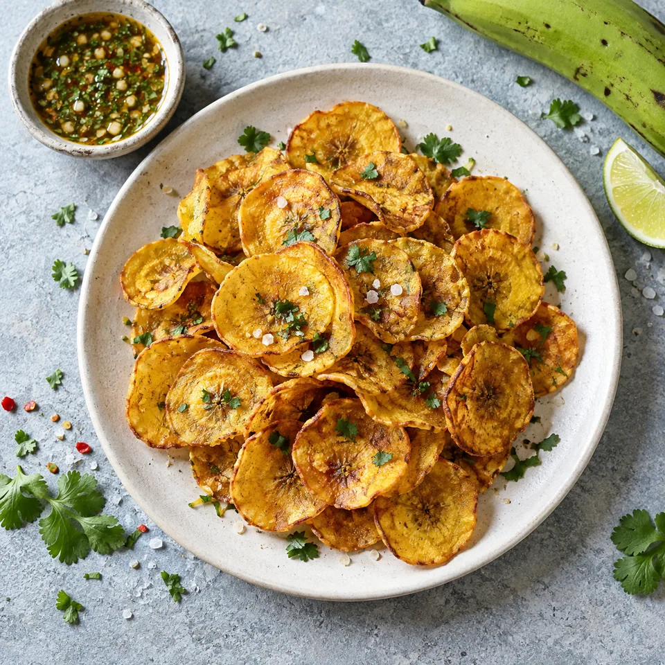 Mariquitas de plantain vert : tranches croustillantes et dorées empilées sur une assiette blanche mate.
