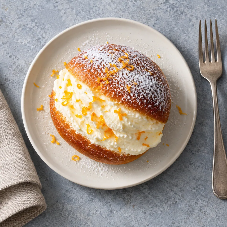 Maritozzi romains à la crème d’orange : brioche fendue garnie de crème vanillée-orange et saupoudrée de sucre glace.