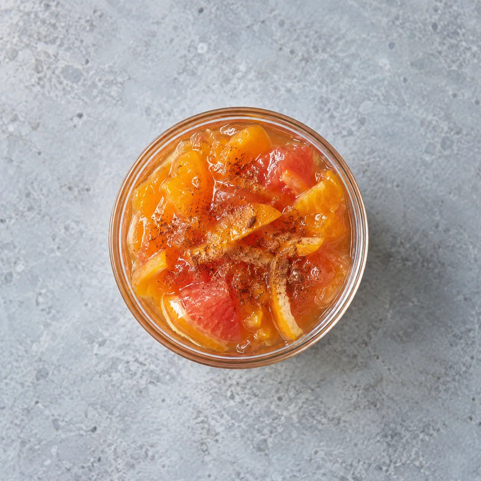 Marmelade orange et pamplemousse à la cannelle dans deux verres, garnie de cannelle.