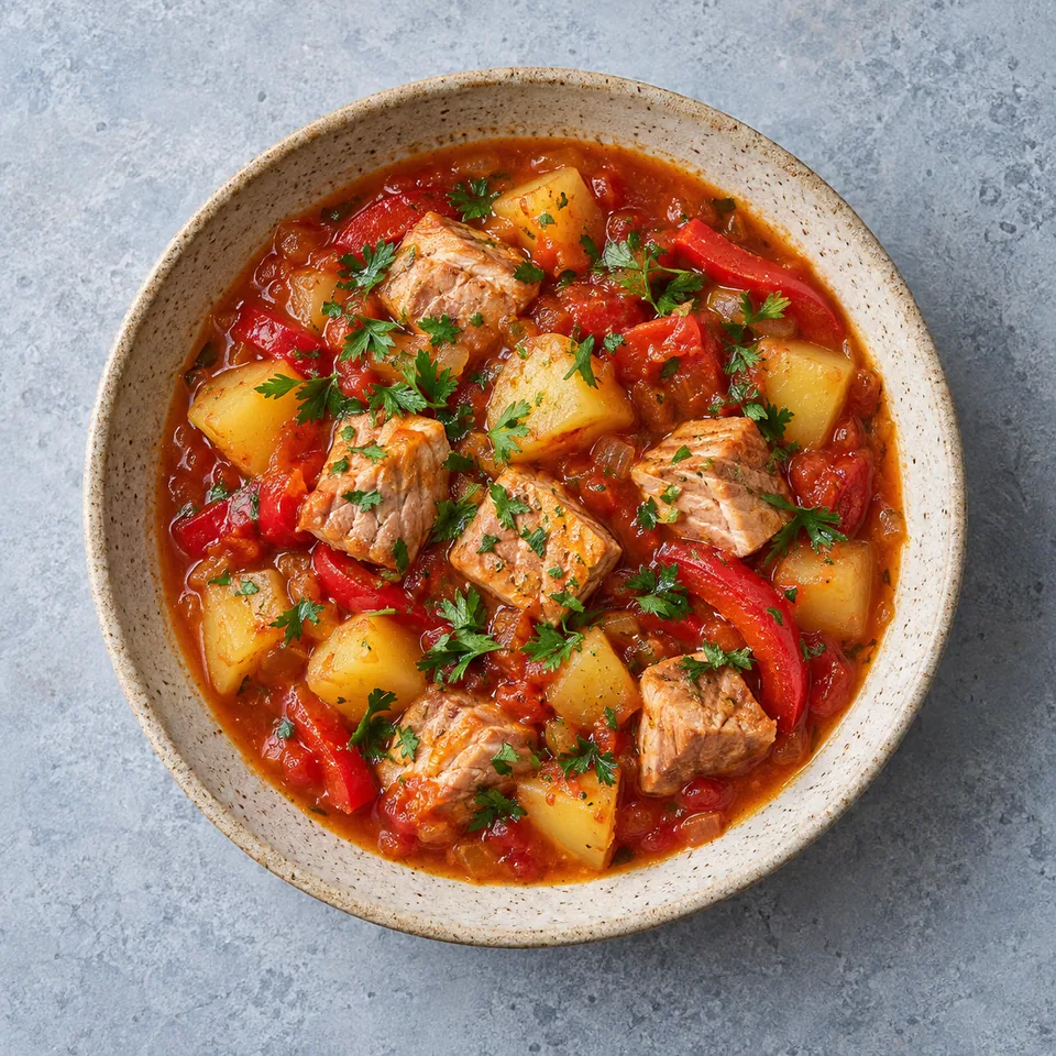 Marmitako : portion de ragoût basque au thon, pommes de terre et poivrons rouges nappés de sauce tomate et parsemé de persil.