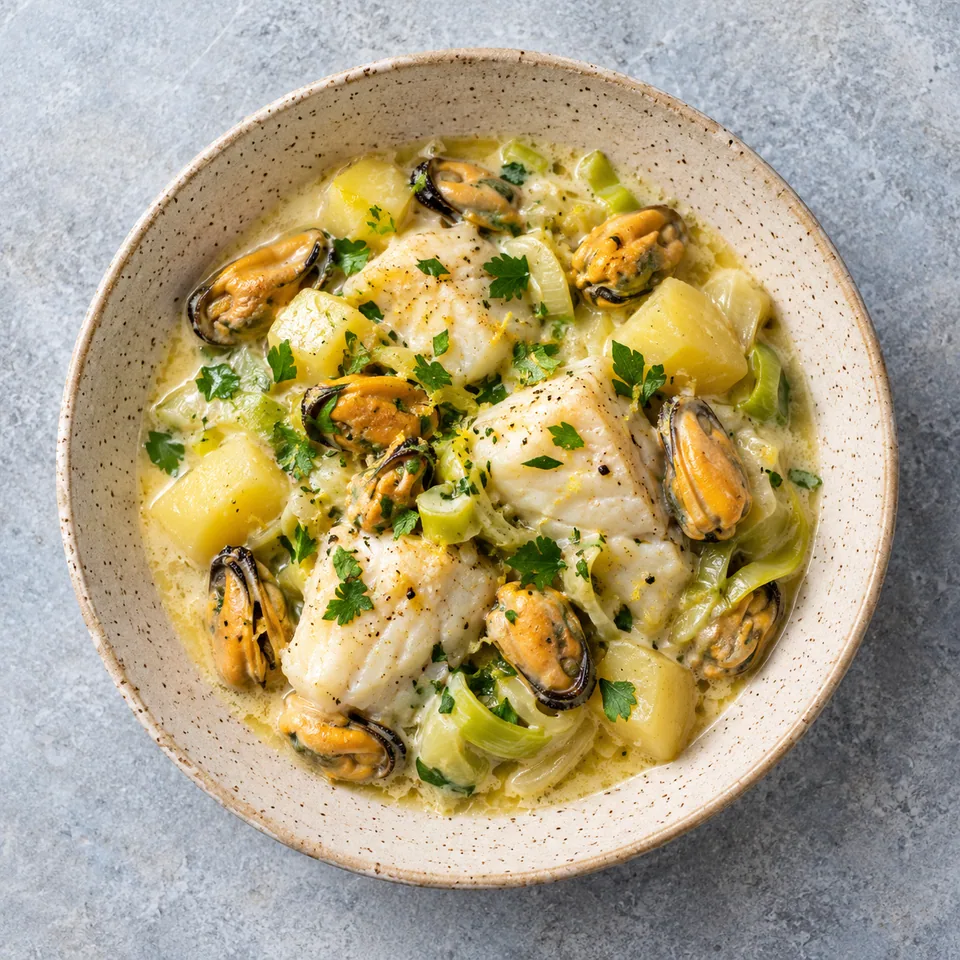 Marmite dieppoise au cabillaud et aux moules : morceaux de poisson blanc, moules, pommes de terre et poireaux dans une sauce crème, sur une assiette beige.