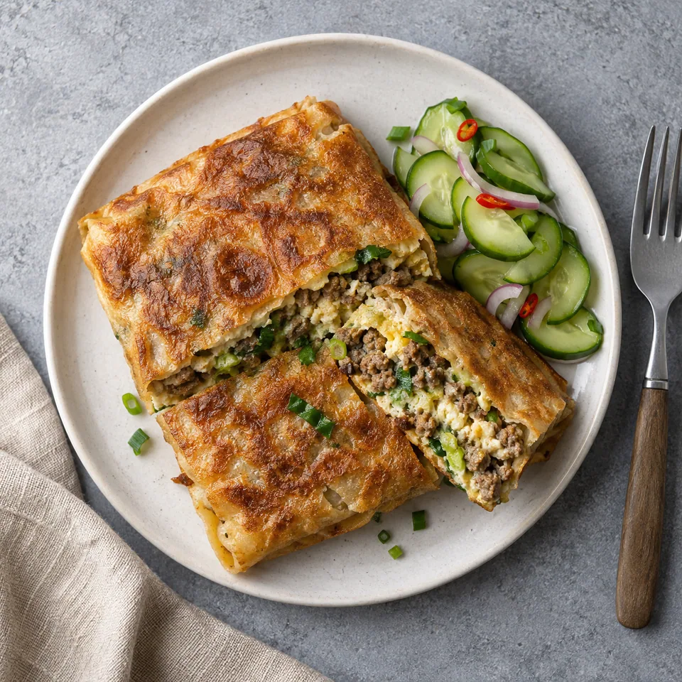 Martabak telur au bœuf et à la ciboule : un carré croustillant doré servi avec des pickles de concombre frais sur une assiette blanche.