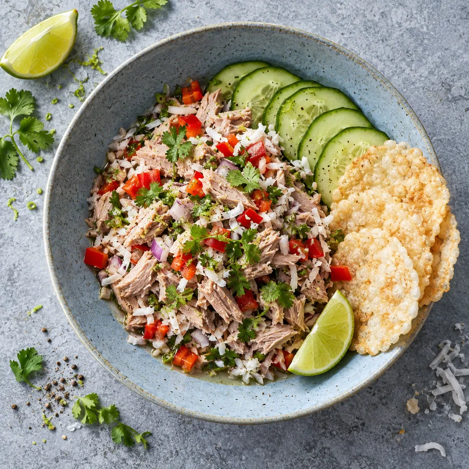 Mas huni au thon, coco et citron vert servi sur une assiette bleu-gris avec concombre et galettes de riz.