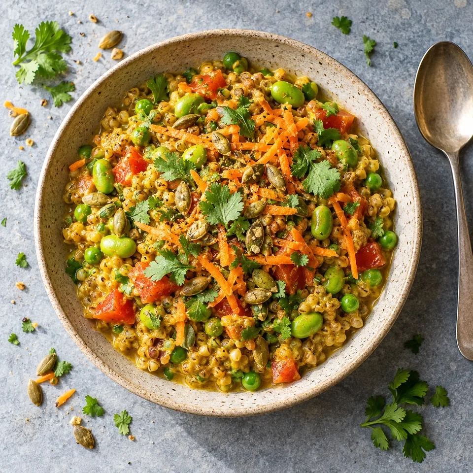 Masala de sarrasin aux petits pois dans une assiette en grès beige, garni de graines de courge et de coriandre.