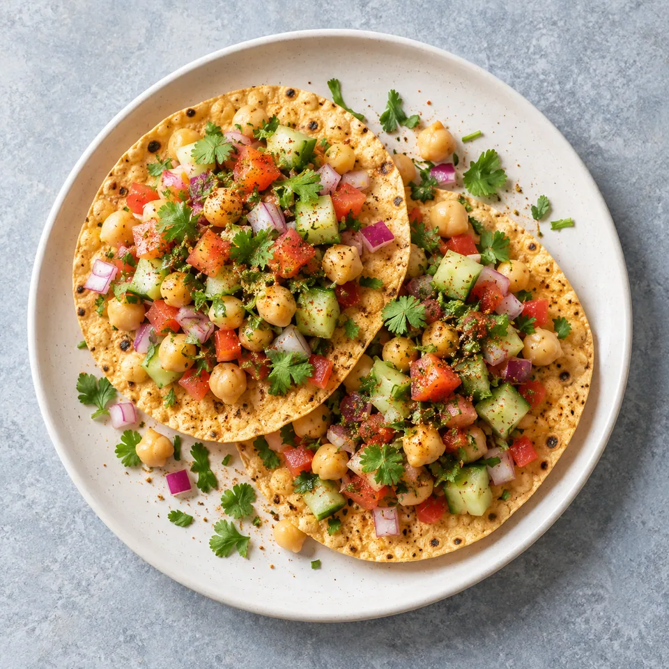 Masala papad aux légumes croquants : deux galettes croustillantes garnies de légumes frais et pois chiches sur assiette blanche.