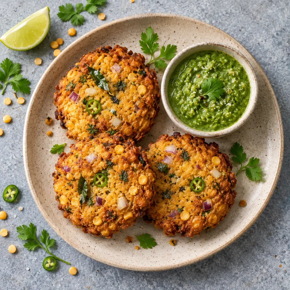 Trois masala vada dorés et croustillants servis avec une touche de chutney vert sur une assiette en grès beige.