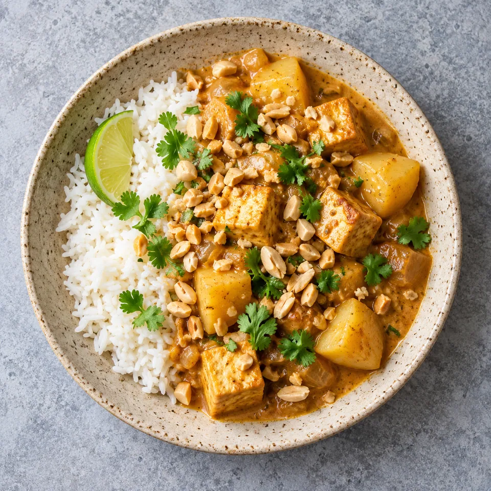 Massaman de tofu, pommes de terre et cacahuètes : portion de riz jasmin accompagné de légumes et tofu dans une sauce coco dorée, parsemée de coriandre et cacahuètes.