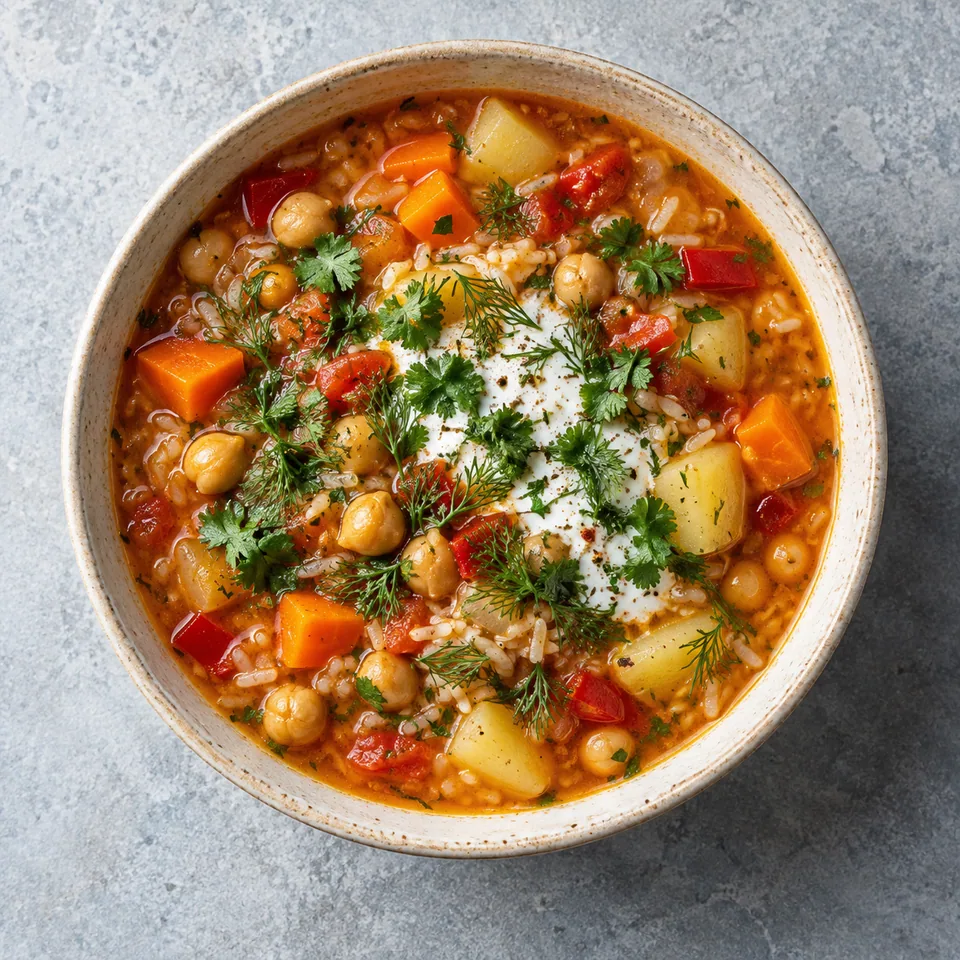 Mastava, soupe ouzbèke au riz et pois chiches dans un grand bol en grès crème, garnie de yaourt et d'herbes fraîches.