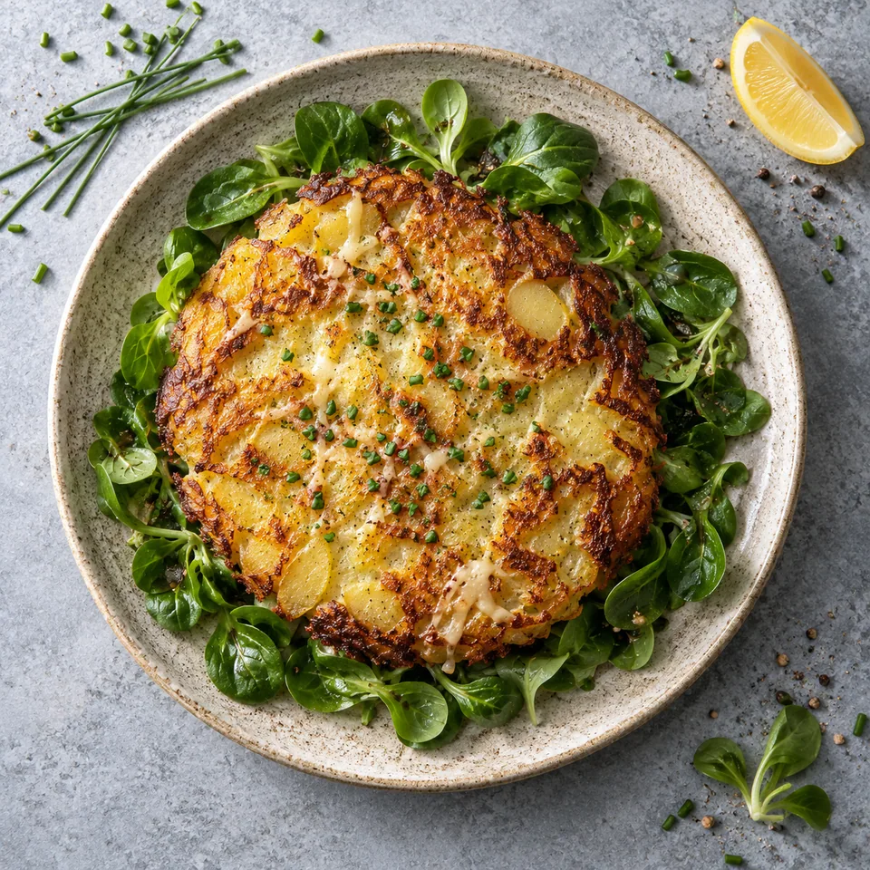 Matafan savoyard aux pommes de terre : galette dorée sur lit de mâche vinaigrée et ciboulette.