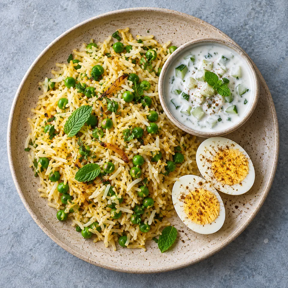 Assiette de matar pulao au riz et petits pois, raïta au concombre et œufs durs coupés en deux.