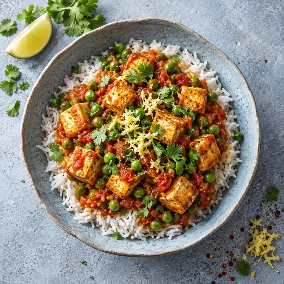 Bol de riz basmati à la tomate et tofu doré, parsemé de petits pois verts et de coriandre fraîche.
