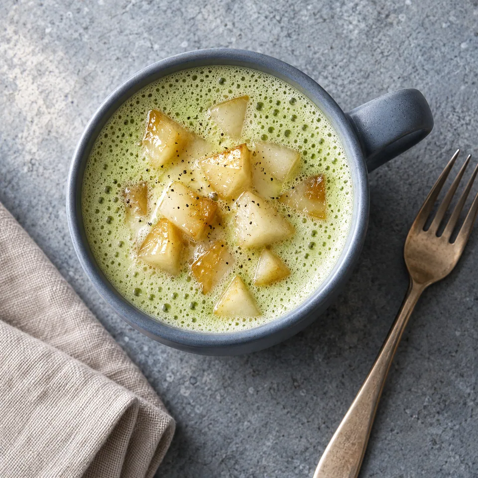 Matcha latte chaud à la poire et à la vanille dans un mug bleu-gris, avec dés de poire et mousse verte.