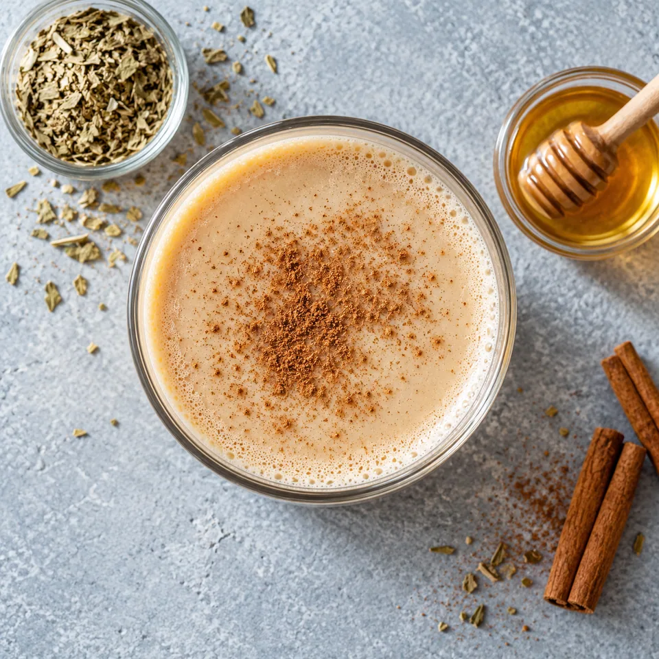 Mate cocido au lait, miel et cannelle servi dans un verre transparent, couleur beige doré avec une touche de cannelle.