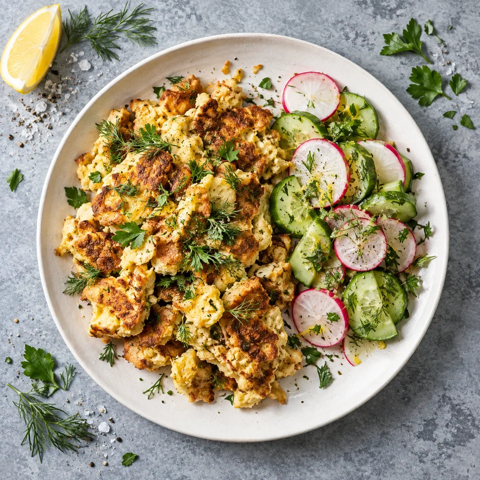 Matzo brei de Pessah aux herbes servi sur assiette blanche avec salade de radis et concombre.