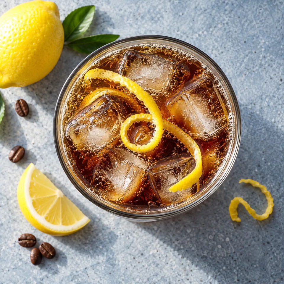 Mazagran, café glacé au citron dans un grand verre transparent avec glaçons et zeste de citron.
