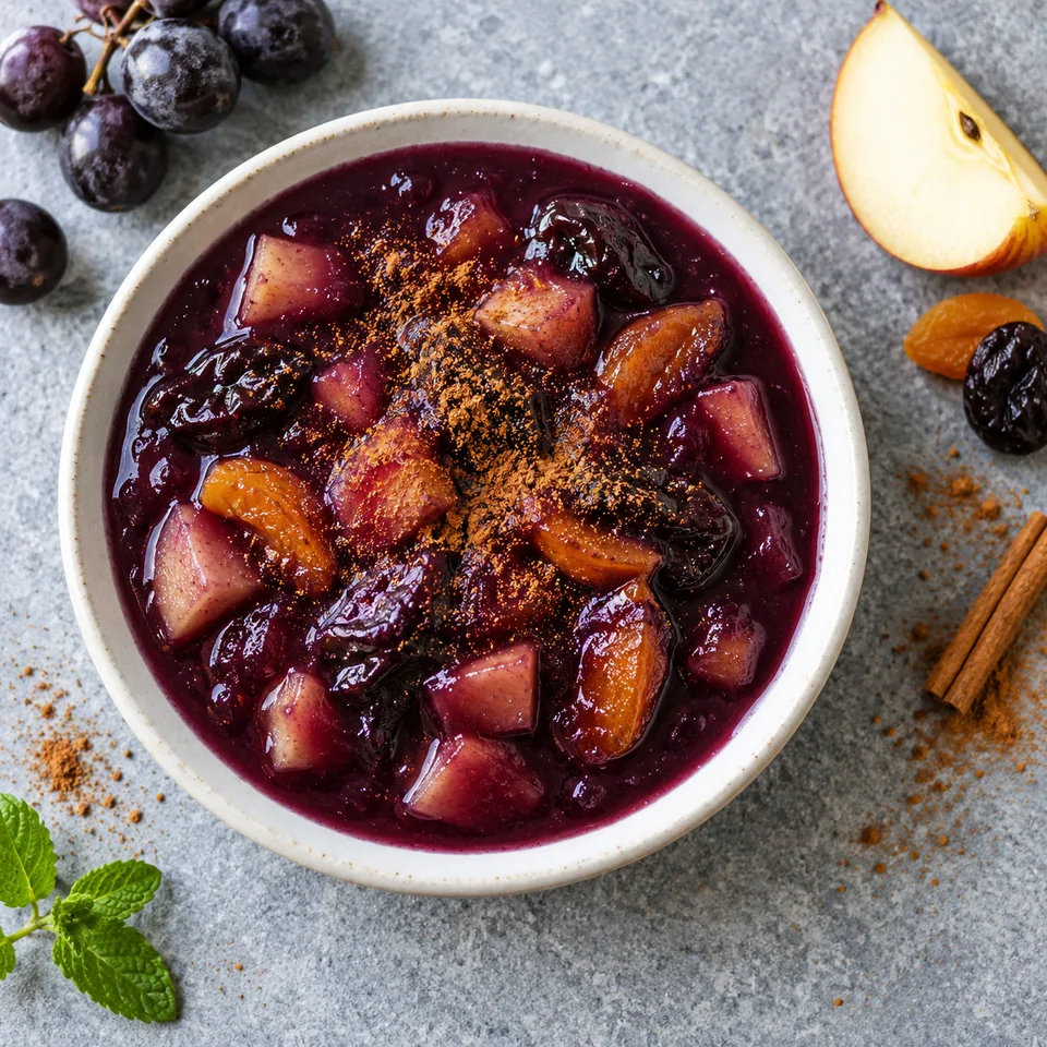 Mazamorra morada au raisin noir dans une petite assiette blanche, garnie de fruits confits et de cannelle.