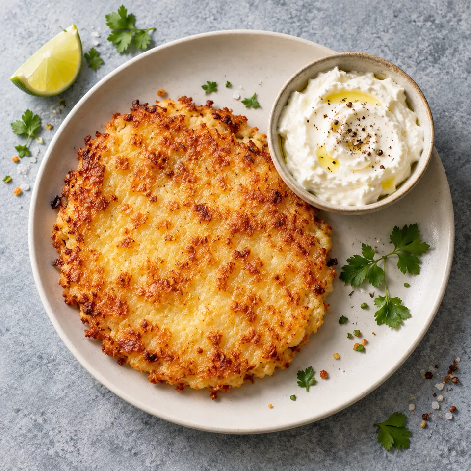 Mbejú paraguayen doré et croustillant servi avec du fromage blanc crémeux sur assiette blanche.