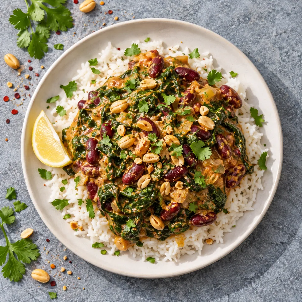 Assiette de riz aux haricots rouges et épinards en sauce coco-cacahuète, vue de dessus