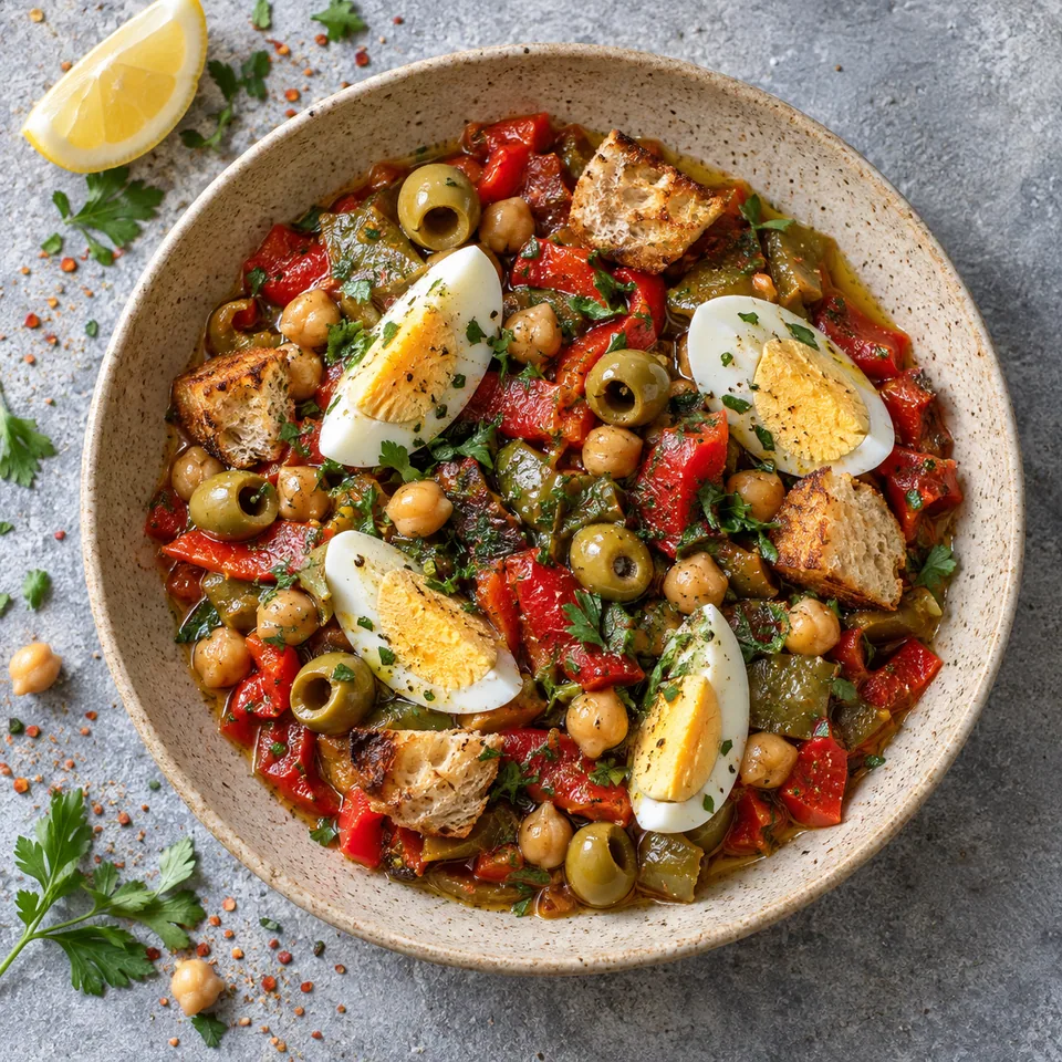 Assiette de mechouia de poivrons grillés aux pois chiches, œufs durs et olives vertes sur pain grillé.