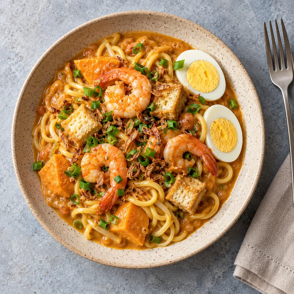 Assiette de Mee rebus aux crevettes et patate douce : nouilles, sauce orange, tofu doré, crevettes roses, œufs durs et ciboule.