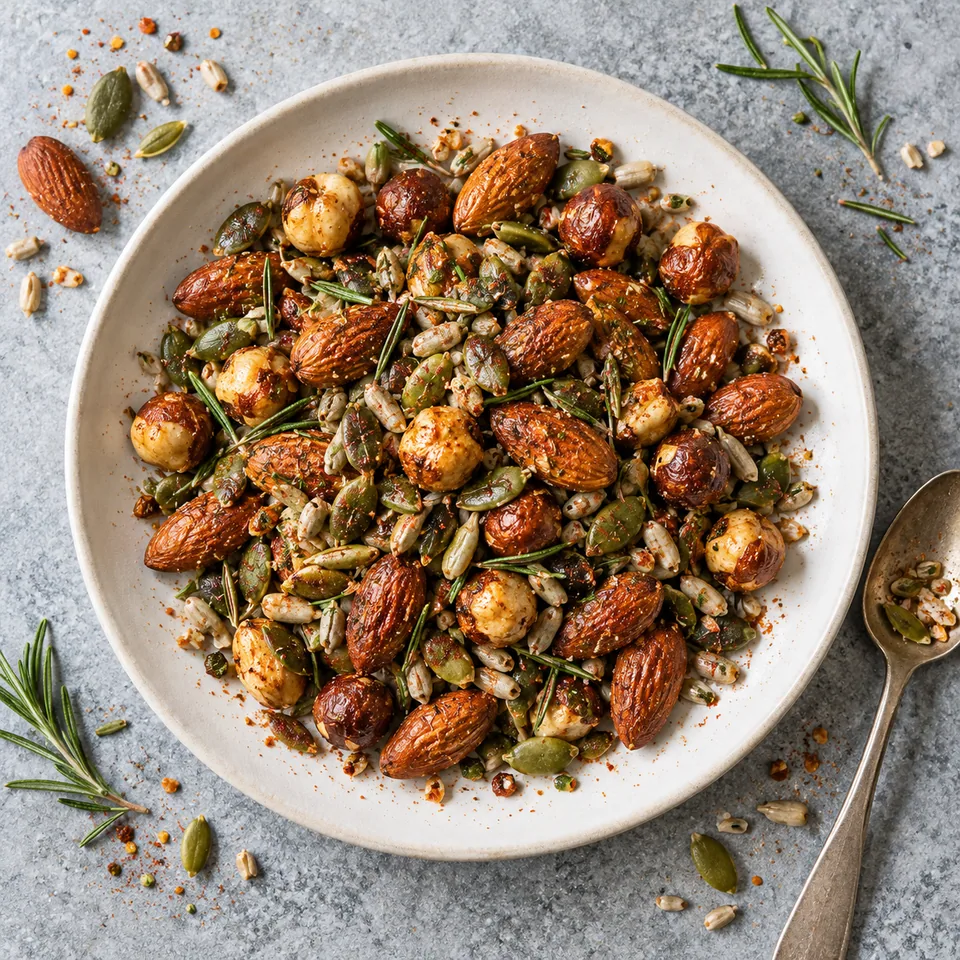 Assiette plate en céramique blanche avec mélange de noix grillées, amandes, noisettes, graines de courge et tournesol au romarin.