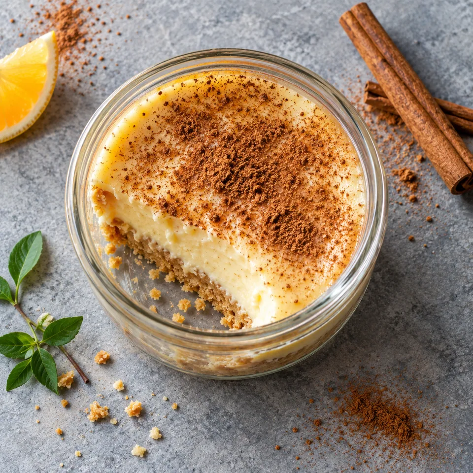 Melktert en verrine : pâte sablée dorée, crème épaisse jaune pâle et saupoudrage de cannelle.