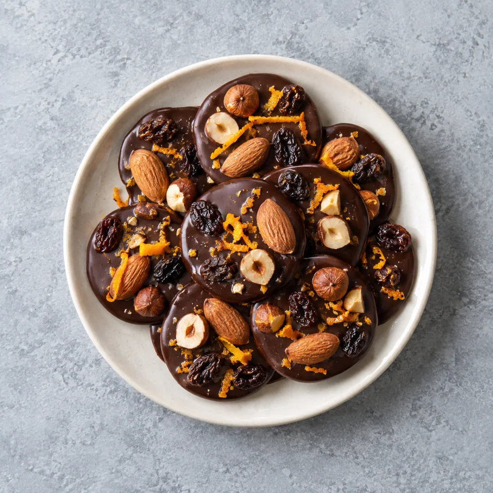 Mendiants au chocolat noir et orange : palets de chocolat garnis de fruits secs et zestes d'orange sur assiette blanche.