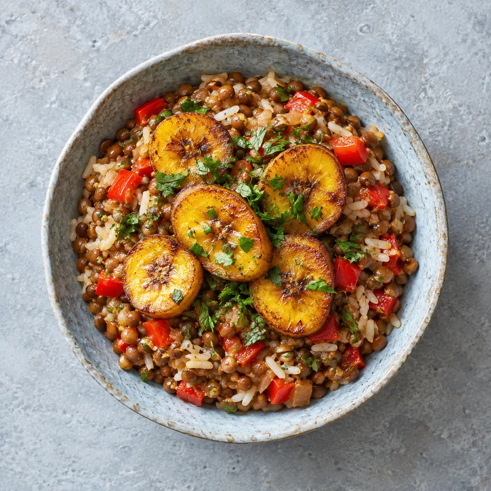 Menestra de lentilles, riz et plantain doré dans un bol bleu-gris, garnie de plantain et persil.