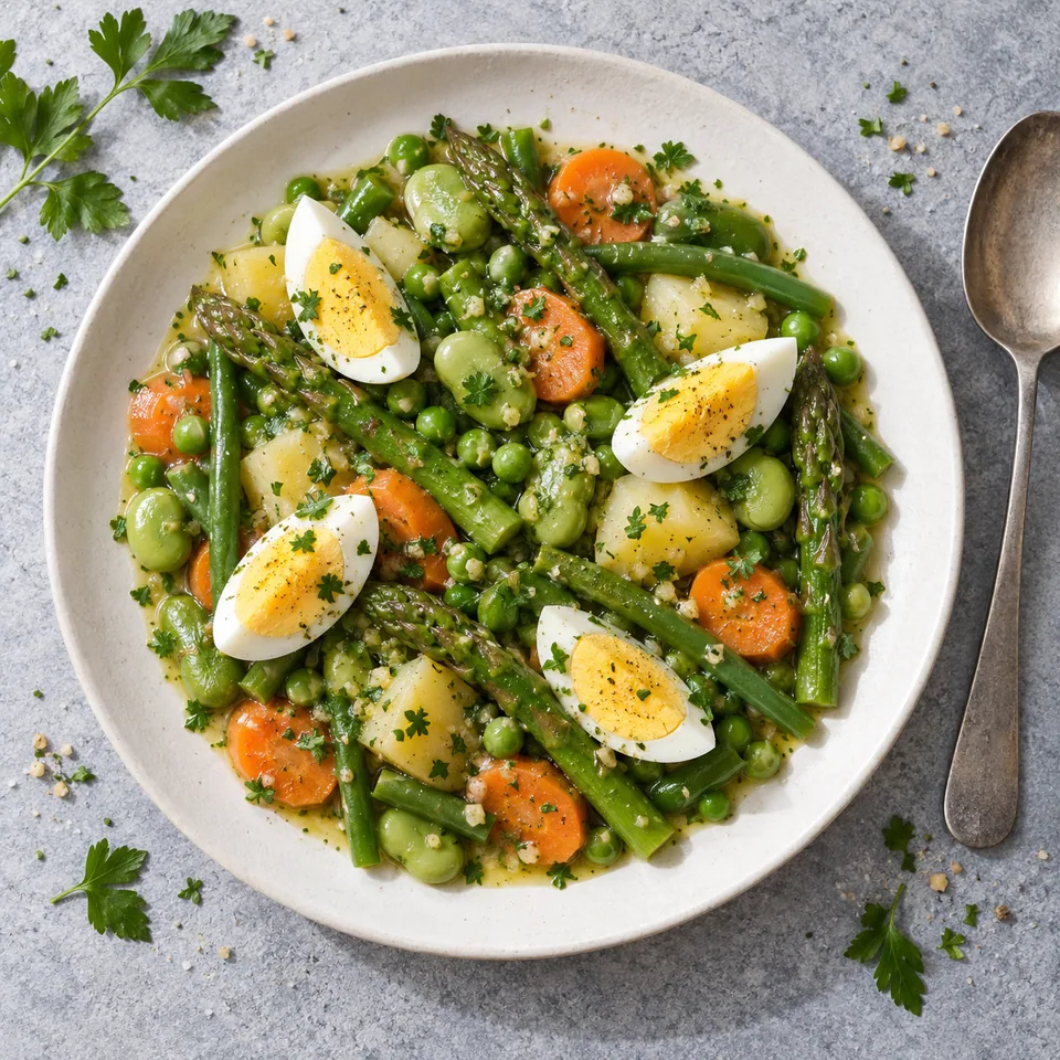 Menestra navarraise aux légumes de printemps : légumes variés nappés, œufs durs en quartiers et persil sur assiette blanche.