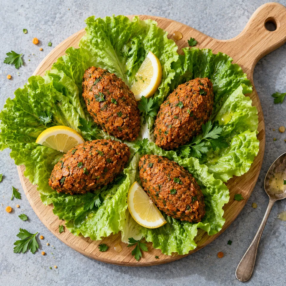 Mercimek köfte : quatre bouchées de lentilles et boulgour posées sur des feuilles de laitue verte sur une planche en bois.