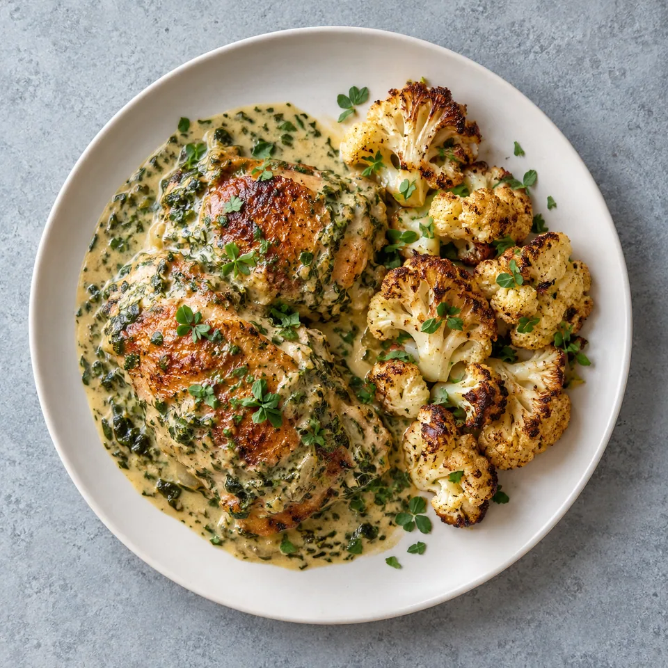 Methi malai murgh : poulet crémeux au fenugrec servi avec du chou-fleur rôti doré sur assiette blanche.