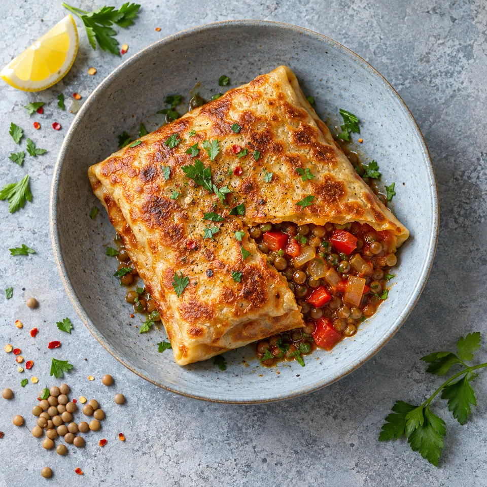 Mhadjeb aux légumes et lentilles : un carré doré et croustillant garni de lentilles et poivrons sur une assiette bleue.