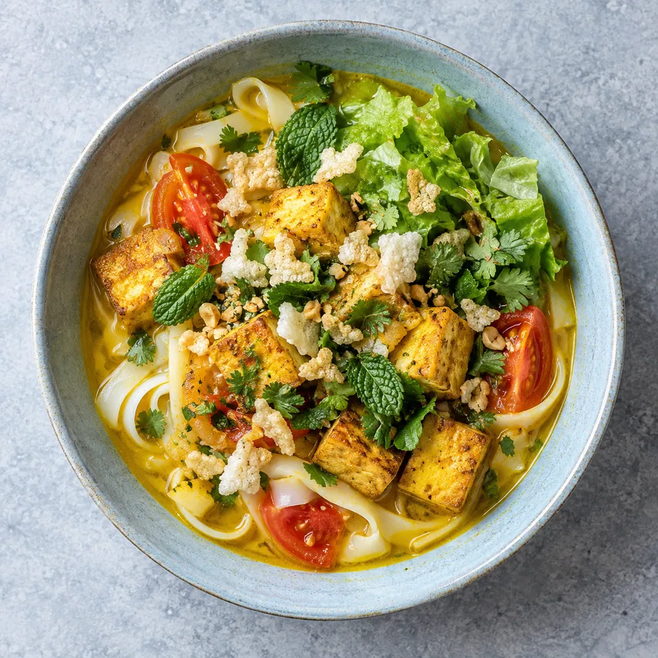 Assiette creuse bleu-gris contenant Mì Quảng végétal : nouilles, tofu doré, tomates, herbes et bouillon jaune.
