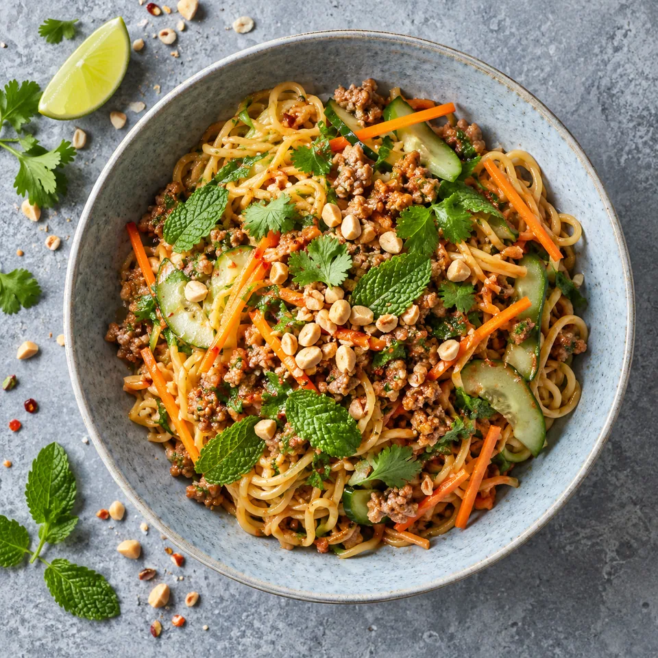 Assiette creuse de nouilles mélangées au porc, carottes râpées, concombre, herbes et cacahuètes.