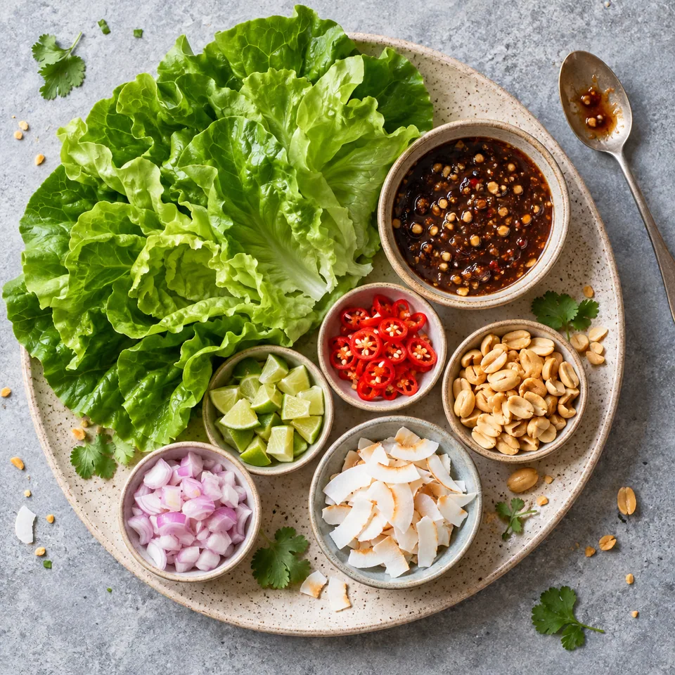 Miang kham : laitue verte garnie de citron vert, piment rouge, coco blanche et cacahuètes dorées, sauce à part.