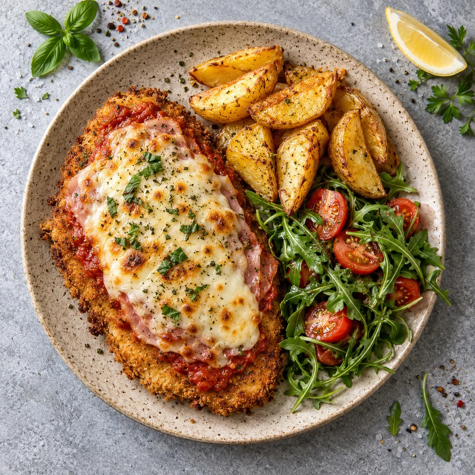 Milanesa napolitana à l’air fryer : escalope panée dorée, mozzarella fondue, pommes de terre et salade de tomates sur assiette beige.