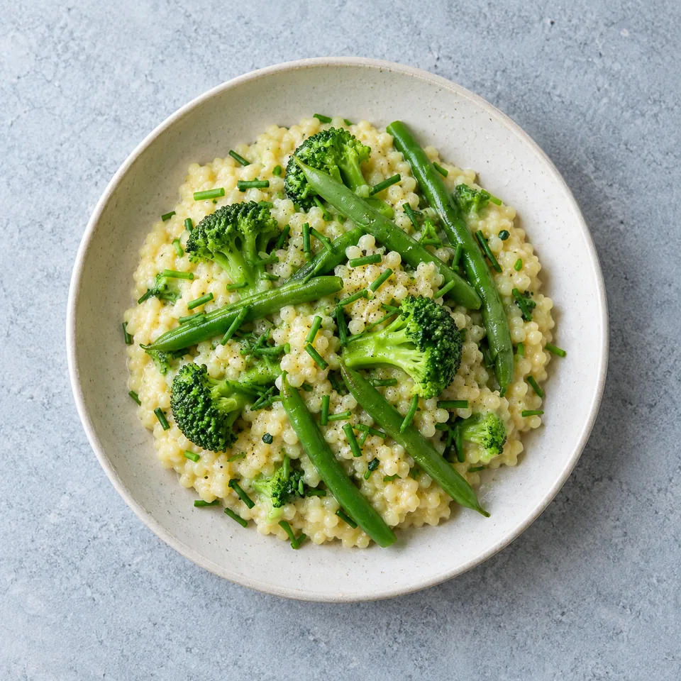 Assiette creuse contenant une portion de millet crémeux aux légumes verts (brocoli, haricots) et ciboulette.