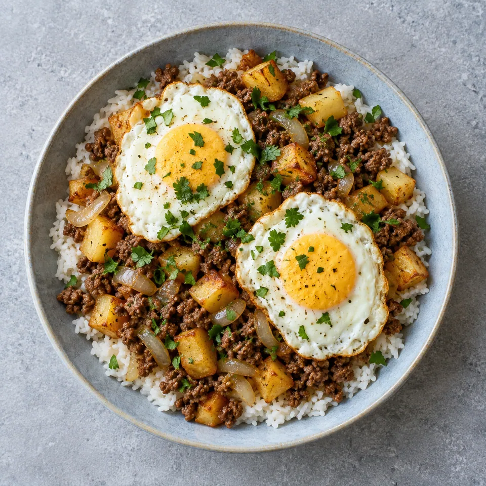 Assiette de Minchi macanais : riz, bœuf haché, pommes de terre dorées, deux œufs au plat et persil.
